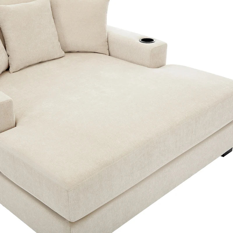 Canapé méridienne oversize en chenille bleu-gris/crème avec porte-gobelets et station de charge intégrée – Unité simple