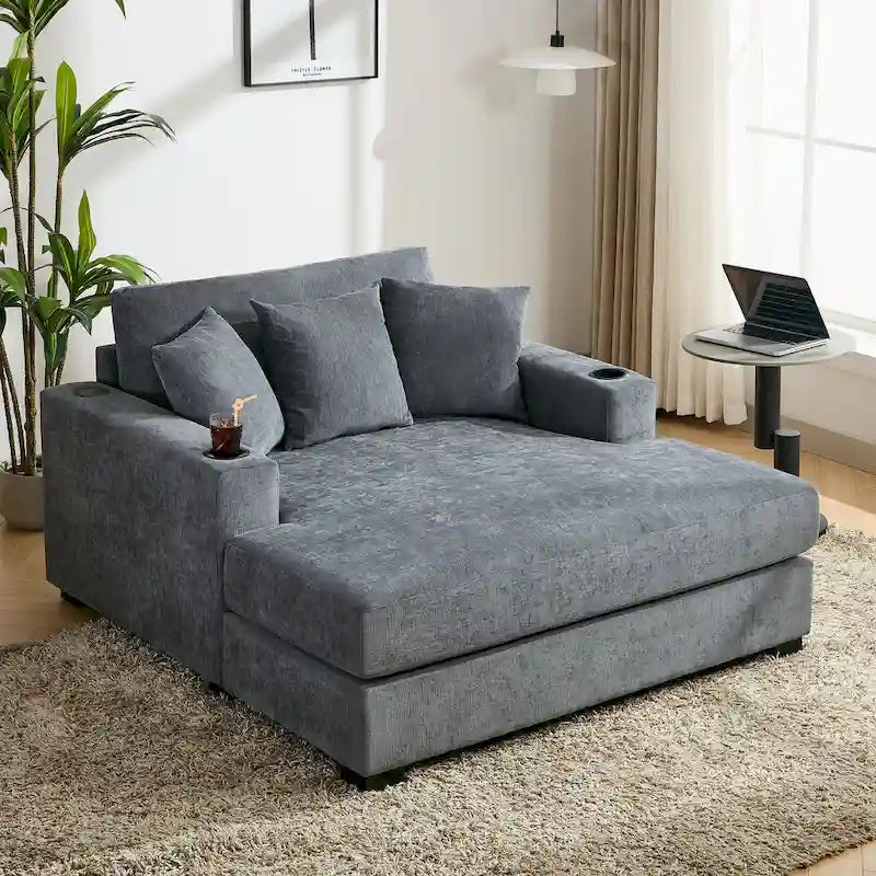 Canapé méridienne oversize en chenille bleu-gris/crème avec porte-gobelets et station de charge intégrée – Unité simple