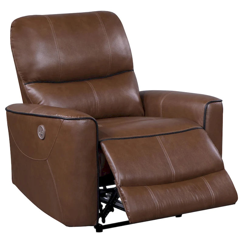 Fauteuil inclinable électrique en similicuir marron avec port USB, coussins en mousse et accoudoirs droits – Une place