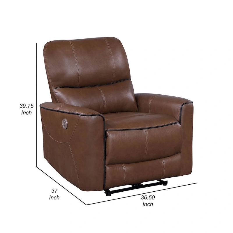Fauteuil inclinable électrique en similicuir marron avec port USB, coussins en mousse et accoudoirs droits – Une place