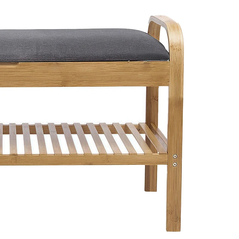 Banc à chaussures en bambou naturel marron et gris avec siège rembourré en polyester et étagère à lattes ouverte – Unité simple