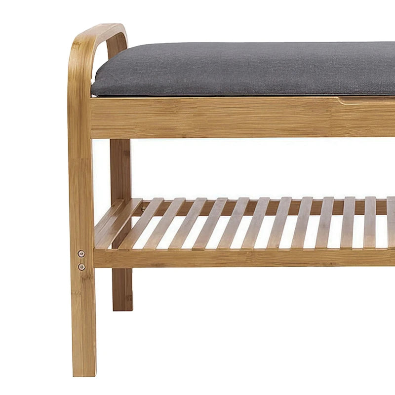 Banc à chaussures en bambou naturel marron et gris avec siège rembourré en polyester et étagère à lattes ouverte – Unité simple
