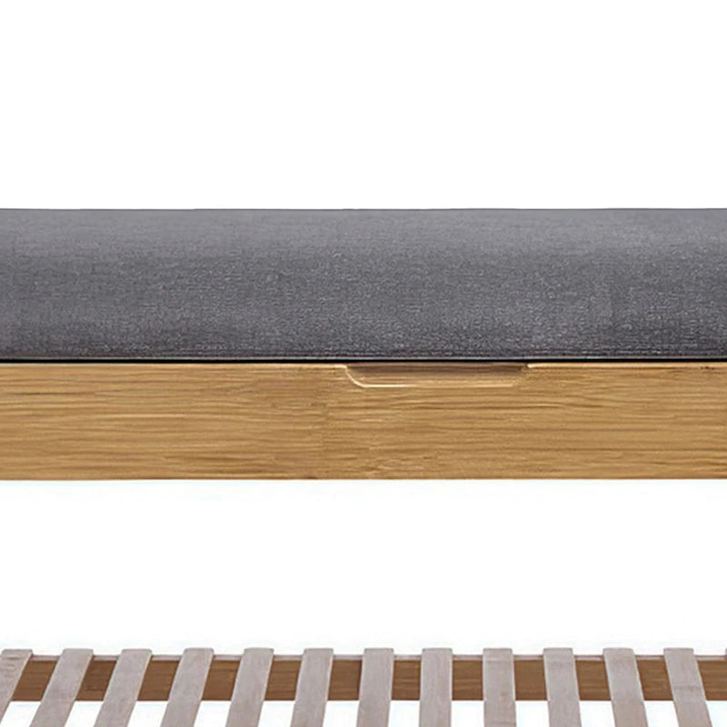 Banc à chaussures en bambou naturel marron et gris avec siège rembourré en polyester et étagère à lattes ouverte – Unité simple