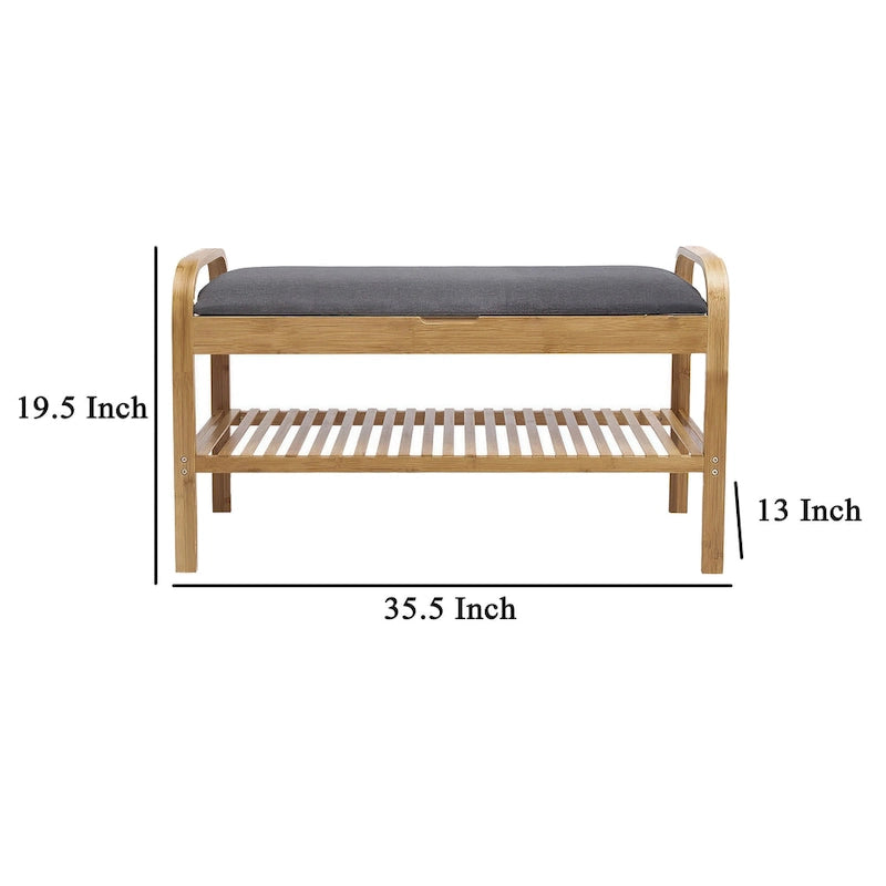 Banc à chaussures en bambou naturel marron et gris avec siège rembourré en polyester et étagère à lattes ouverte – Unité simple