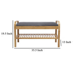 Banc à chaussures en bambou naturel marron et gris avec siège rembourré en polyester et étagère à lattes ouverte – Unité simple