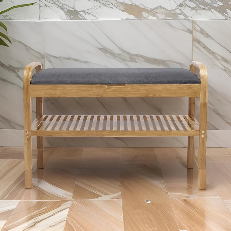 Banc à chaussures en bambou naturel marron et gris avec siège rembourré en polyester et étagère à lattes ouverte – Unité simple