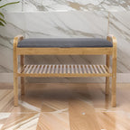 Banc à chaussures en bambou naturel marron et gris avec siège rembourré en polyester et étagère à lattes ouverte – Unité simple