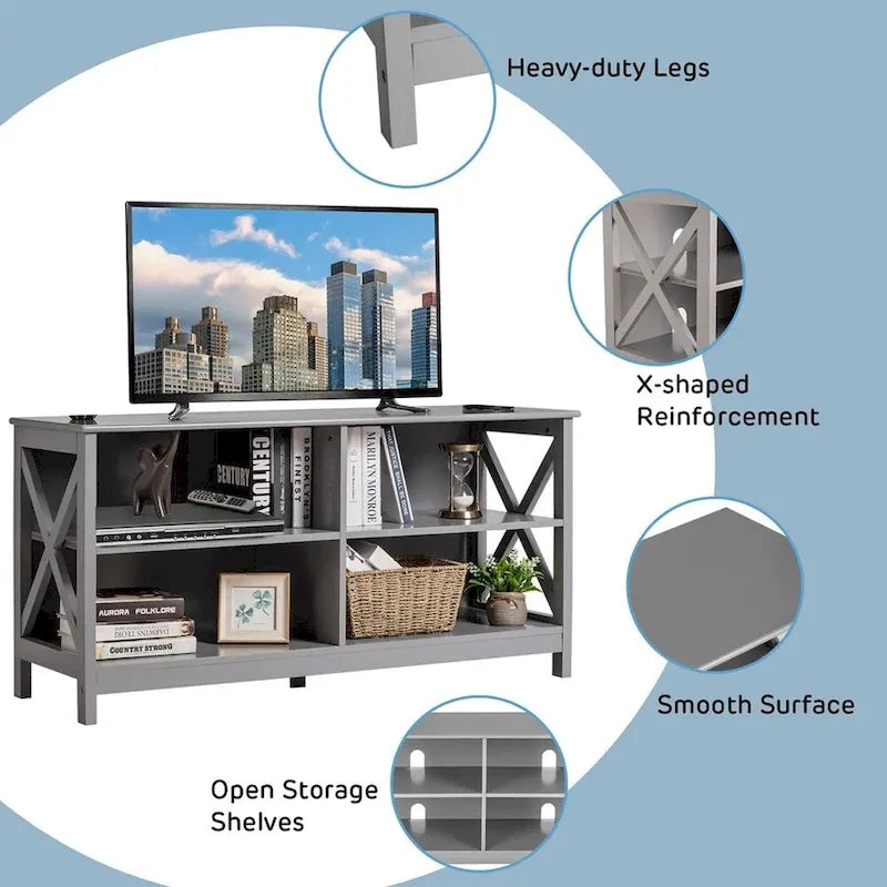 Meuble TV moderne gris en MDF avec étagères de rangement ouvertes et 5 pieds – Convient aux téléviseurs jusqu'à 55 pouces, Unité simple