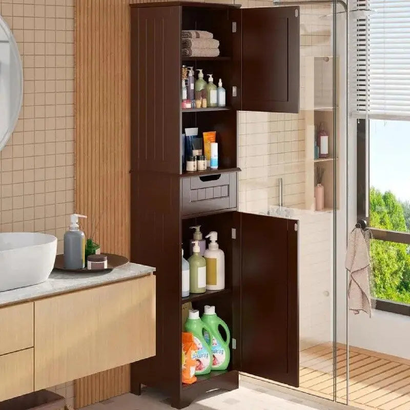 Meuble de rangement haut et étroit blanc pour salle de bain avec 2 portes et 1 tiroir – Unité individuelle