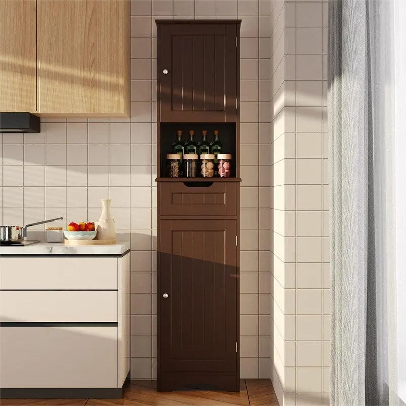 Meuble de rangement haut et étroit blanc pour salle de bain avec 2 portes et 1 tiroir – Unité individuelle