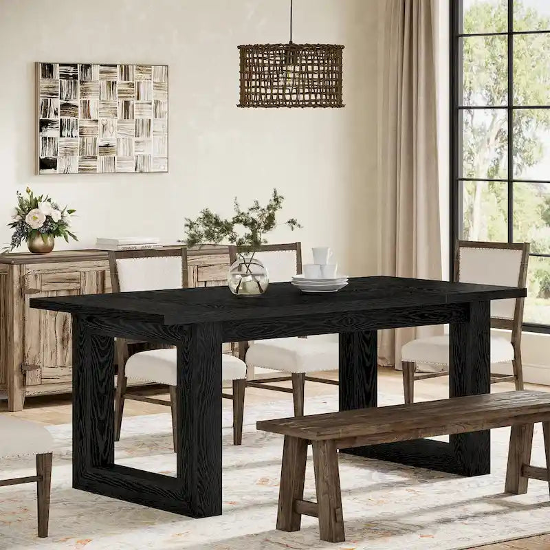 Table de salle à manger rectangulaire en MDF style Ferme Noire avec piédestal carré – Pour 4 à 6 personnes