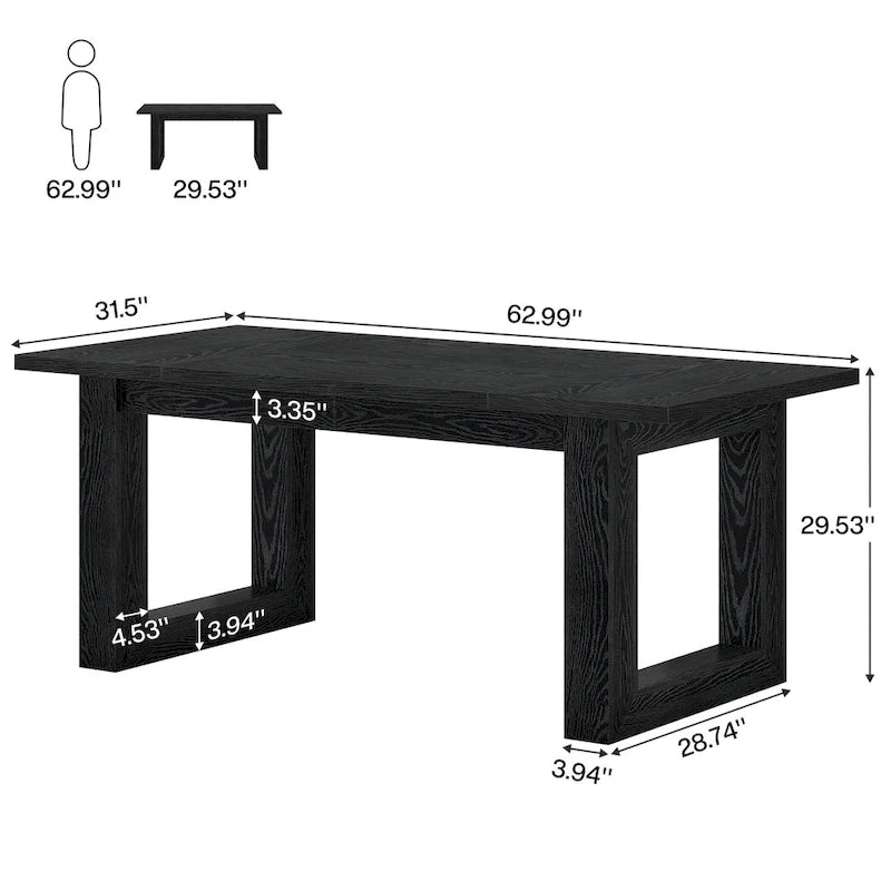 Table de salle à manger rectangulaire en MDF style Ferme Noire avec piédestal carré – Pour 4 à 6 personnes