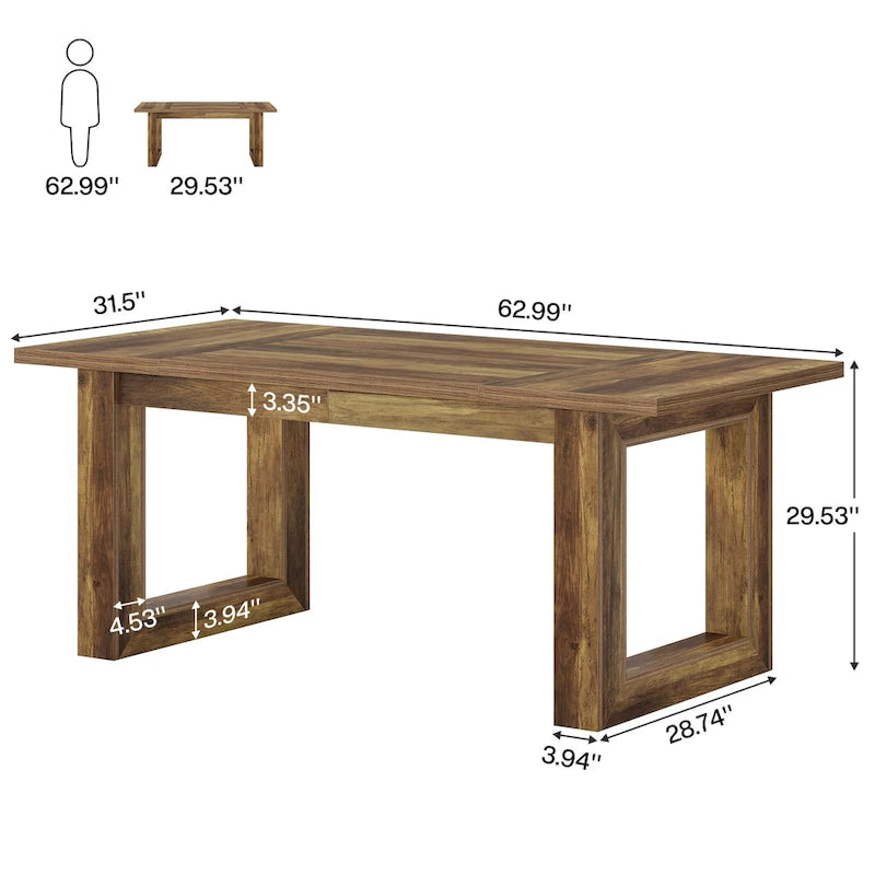 Table de salle à manger rectangulaire en MDF style Ferme Noire avec piédestal carré – Pour 4 à 6 personnes