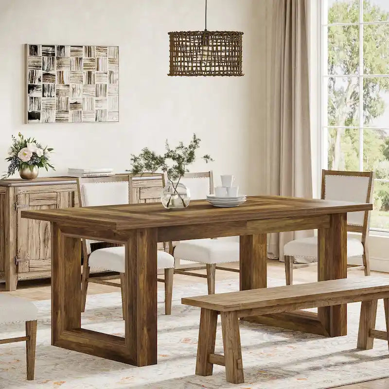 Table de salle à manger rectangulaire en MDF style Ferme Noire avec piédestal carré – Pour 4 à 6 personnes