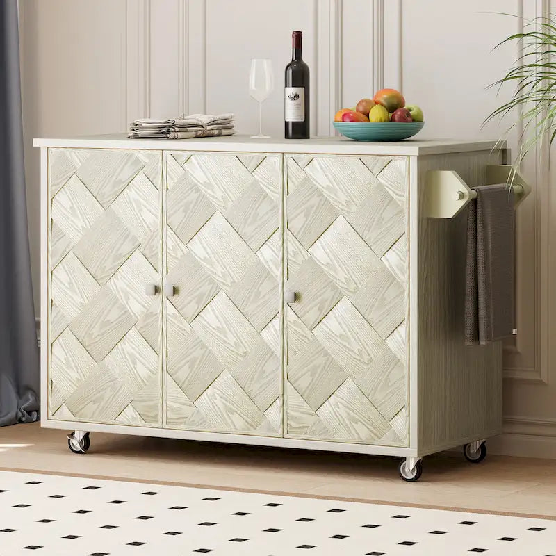 Îlot de cuisine de ferme bleu marine / champagne / bois naturel avec abattant, 3 portes et roulettes – Unité unique