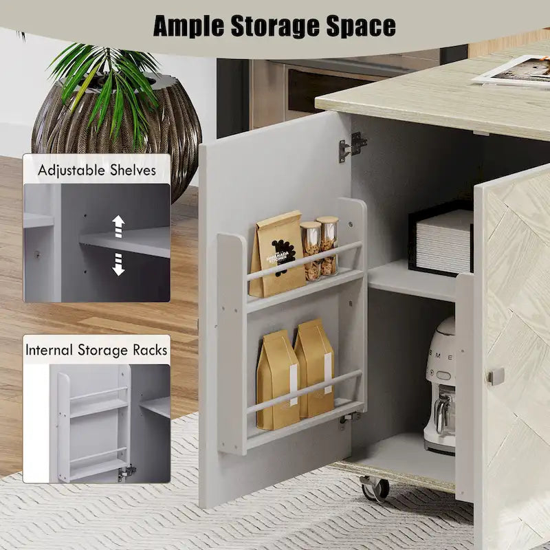 Îlot de cuisine de ferme bleu marine / champagne / bois naturel avec abattant, 3 portes et roulettes – Unité unique