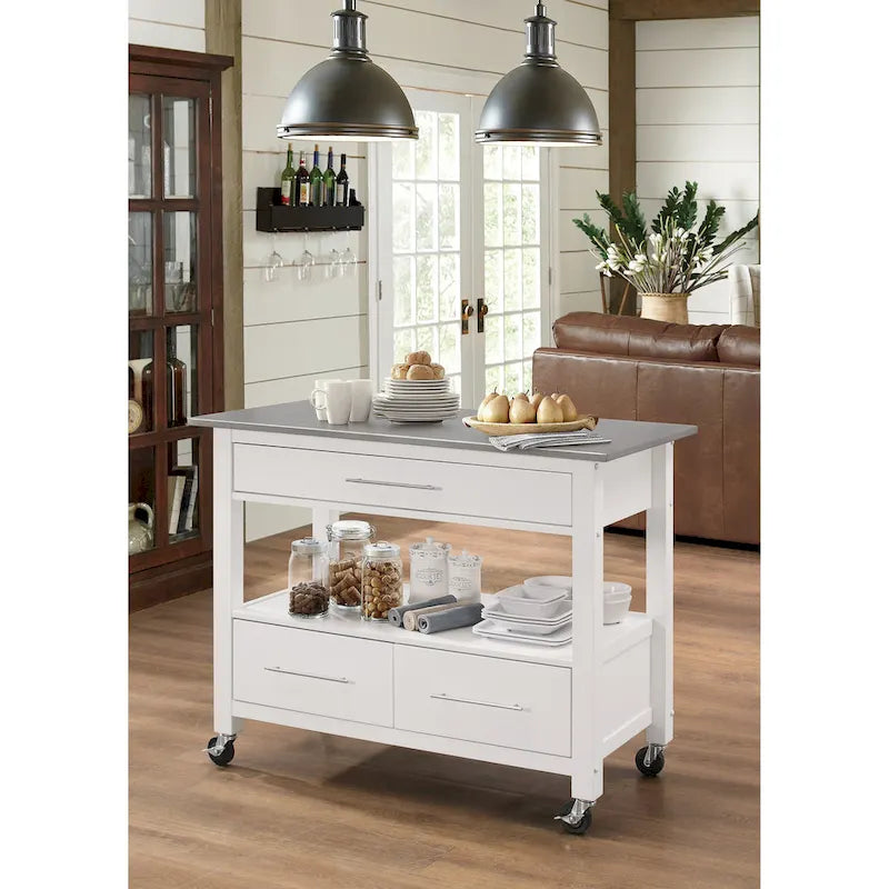 Ottawa Stainless Steel Top & White Finish Kitchen Cart(no include stool)