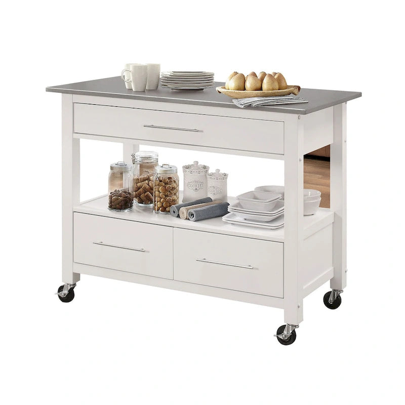 Chariot de cuisine gris acier et blanc avec dessus en acier inoxydable, 3 tiroirs, 1 étagère ouverte et roulettes verrouillables – Unité unique (tabouret non inclus)