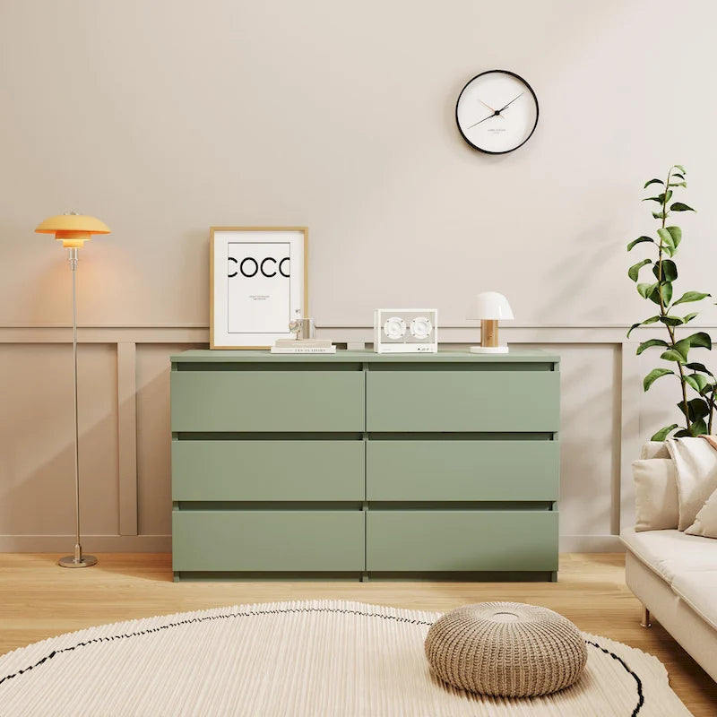Commode à 6 tiroirs au design moderne et minimaliste en MDF, couleurs vert / gris / blanc / rose, avec poignées – Unité individuelle