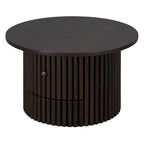 Table basse de ferme ronde naturelle en MDF avec tiroir intégré et base à lattes verticales – Unité unique