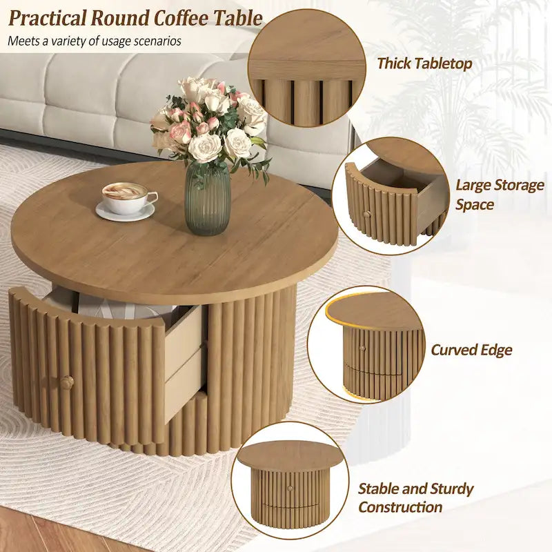Table basse de ferme ronde naturelle en MDF avec tiroir intégré et base à lattes verticales – Unité unique