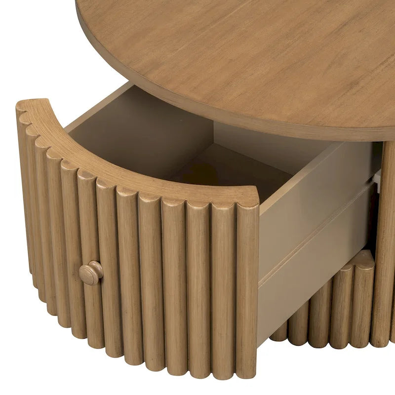 Table basse de ferme ronde naturelle en MDF avec tiroir intégré et base à lattes verticales – Unité unique