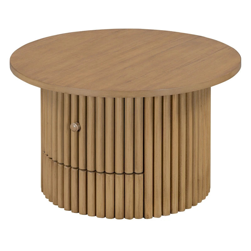 Table basse de ferme ronde naturelle en MDF avec tiroir intégré et base à lattes verticales – Unité unique