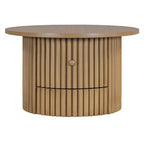 Table basse de ferme ronde naturelle en MDF avec tiroir intégré et base à lattes verticales – Unité unique