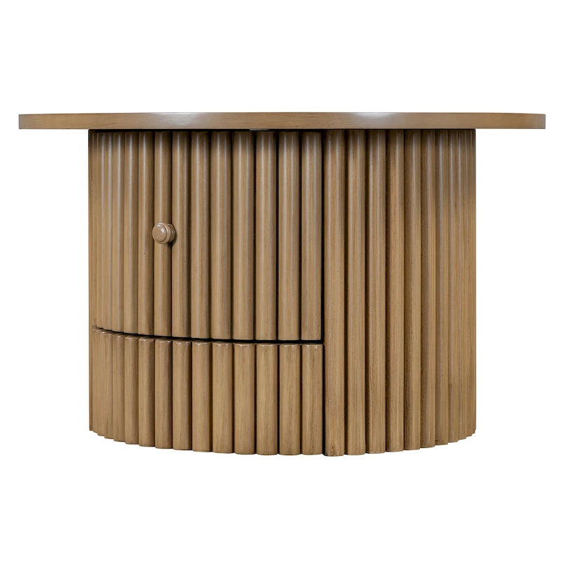 Table basse de ferme ronde naturelle en MDF avec tiroir intégré et base à lattes verticales – Unité unique