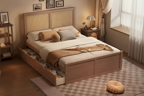 Wood Storage Platform Bed with 4 Drawers and Rattan Headboard