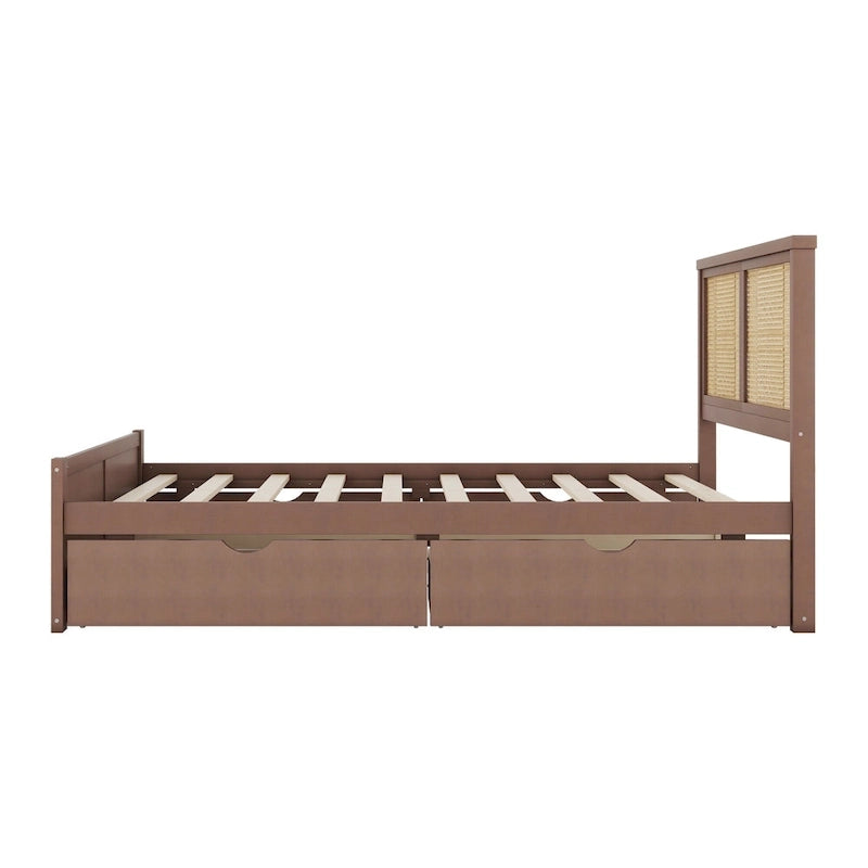 Lit plateforme en pin massif et MDF avec tête et pied de lit en rotin, 4 tiroirs de rangement sous le lit – Fini naturel antique / expresso antique – Grand lit / très grand lit, peut accueillir 1 à 2 personnes