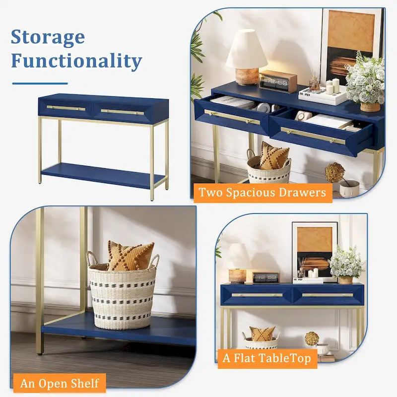 Console Rétro en Bois de Paulownia avec Placage Naturel / Noir / Marine et Accents Dorés, 2 Tiroirs, Étagère Ouverte et Pieds Métalliques – Unité Simple