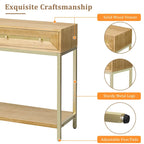 Console Rétro en Bois de Paulownia avec Placage Naturel / Noir / Marine et Accents Dorés, 2 Tiroirs, Étagère Ouverte et Pieds Métalliques – Unité Simple