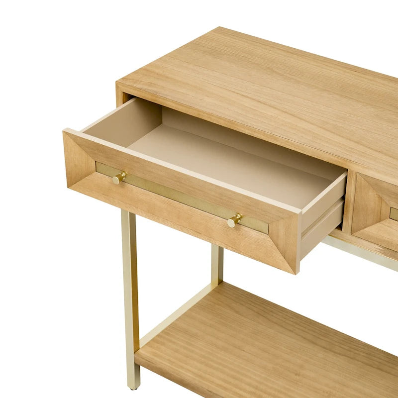 Console Rétro en Bois de Paulownia avec Placage Naturel / Noir / Marine et Accents Dorés, 2 Tiroirs, Étagère Ouverte et Pieds Métalliques – Unité Simple