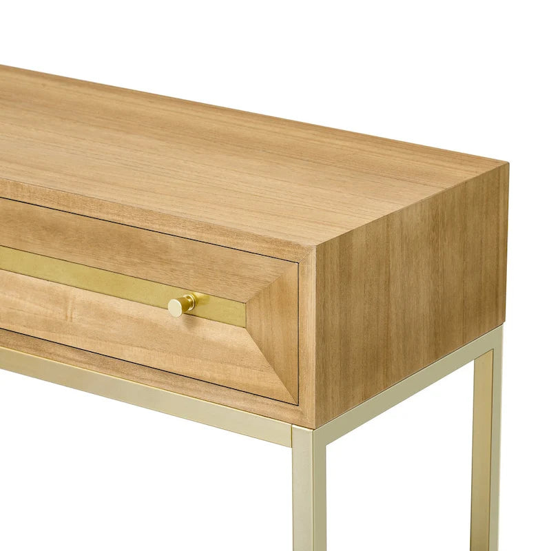 Console Rétro en Bois de Paulownia avec Placage Naturel / Noir / Marine et Accents Dorés, 2 Tiroirs, Étagère Ouverte et Pieds Métalliques – Unité Simple