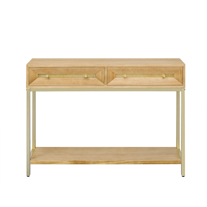 Console Rétro en Bois de Paulownia avec Placage Naturel / Noir / Marine et Accents Dorés, 2 Tiroirs, Étagère Ouverte et Pieds Métalliques – Unité Simple