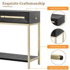 Console Rétro en Bois de Paulownia avec Placage Naturel / Noir / Marine et Accents Dorés, 2 Tiroirs, Étagère Ouverte et Pieds Métalliques – Unité Simple