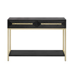 Console Rétro en Bois de Paulownia avec Placage Naturel / Noir / Marine et Accents Dorés, 2 Tiroirs, Étagère Ouverte et Pieds Métalliques – Unité Simple