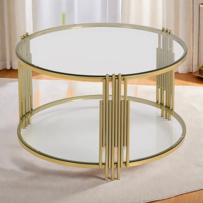 Table basse en verre trempé marron/transparent/noir avec piètement métallique asymétrique, base tambour dorée et étagère inférieure – Unité unique