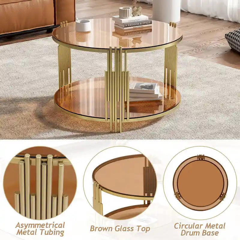 Table basse en verre trempé marron/transparent/noir avec piètement métallique asymétrique, base tambour dorée et étagère inférieure – Unité unique
