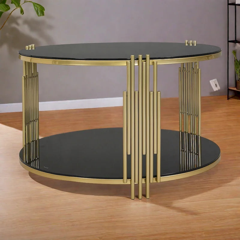 Table basse en verre trempé marron/transparent/noir avec piètement métallique asymétrique, base tambour dorée et étagère inférieure – Unité unique