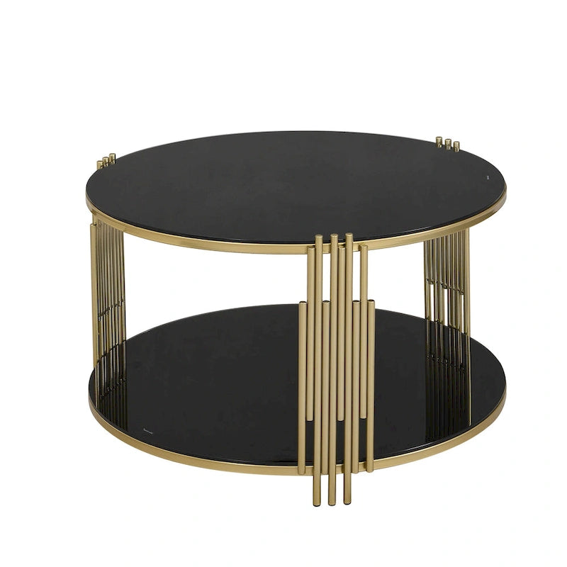 Table basse en verre trempé marron/transparent/noir avec piètement métallique asymétrique, base tambour dorée et étagère inférieure – Unité unique