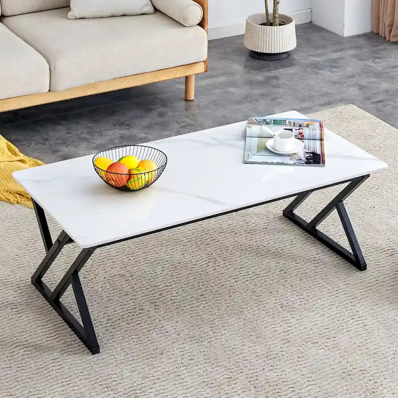 Table basse rectangulaire moderne en or / blanc+noir / noir / blanc+or avec plateau en pierre frittée et pieds en métal en forme de X – Unité unique