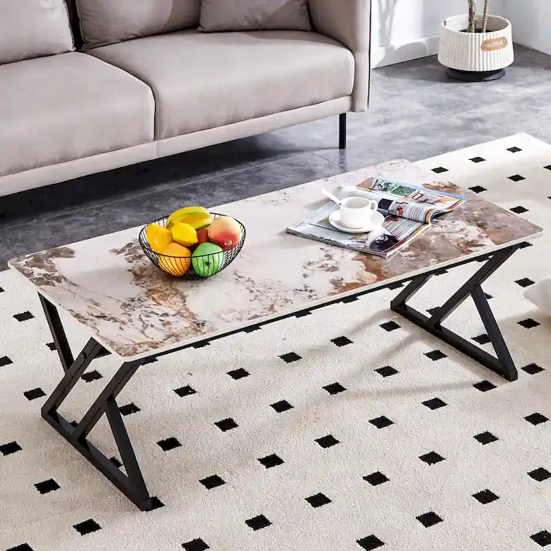 Table basse rectangulaire moderne en or / blanc+noir / noir / blanc+or avec plateau en pierre frittée et pieds en métal en forme de X – Unité unique