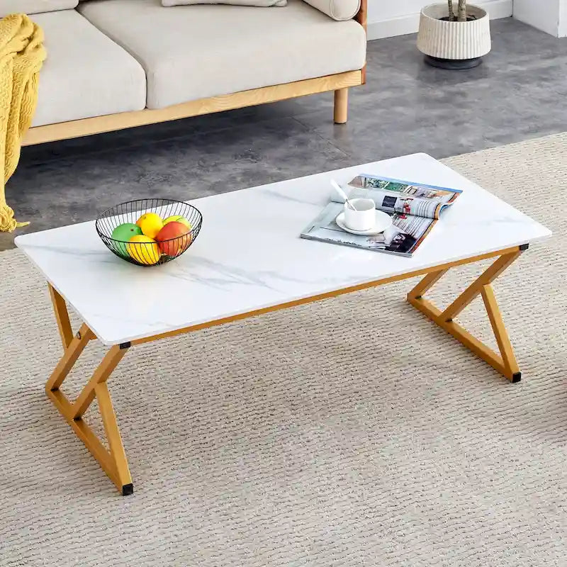 Table basse rectangulaire moderne en or / blanc+noir / noir / blanc+or avec plateau en pierre frittée et pieds en métal en forme de X – Unité unique