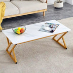 Table basse rectangulaire moderne en or / blanc+noir / noir / blanc+or avec plateau en pierre frittée et pieds en métal en forme de X – Unité unique