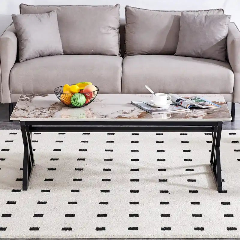 Table basse rectangulaire moderne en or / blanc+noir / noir / blanc+or avec plateau en pierre frittée et pieds en métal en forme de X – Unité unique