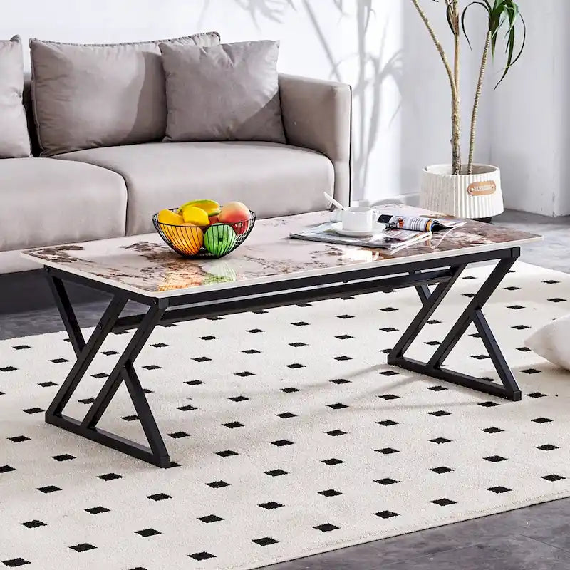 Table basse rectangulaire moderne en or / blanc+noir / noir / blanc+or avec plateau en pierre frittée et pieds en métal en forme de X – Unité unique