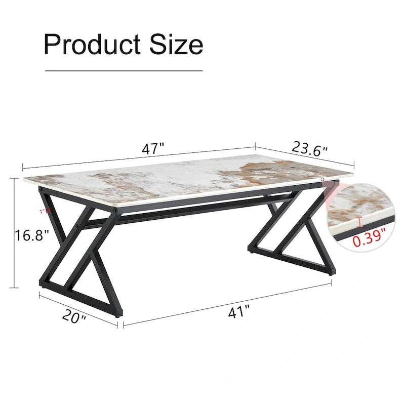 Table basse rectangulaire moderne en or / blanc+noir / noir / blanc+or avec plateau en pierre frittée et pieds en métal en forme de X – Unité unique