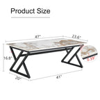 Table basse rectangulaire moderne en or / blanc+noir / noir / blanc+or avec plateau en pierre frittée et pieds en métal en forme de X – Unité unique